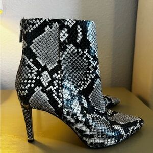 Katherine Kelly  Black & White Leather Snake-Print Pointed Toe Ankle Boots